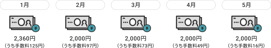 1月 2,360円(うち手数料125円) 2月 2,000円(うち手数料97円) 3月 2,000円(うち手数料73円) 4月 2,000円(うち手数料49円) 5月 2,000円(うち手数料16円)