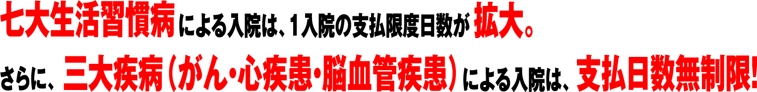 七大生活習慣病による入院は、1入院の支払限度日数が拡大!さらに、三大疾病(がん・心疾患・脳血管疾患)による入院は、支払日数無制限!